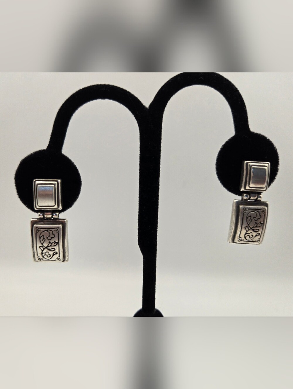 Brighton Rectangular Hinged Drop Earrings Flower Scrollwork Post Brushed Finish